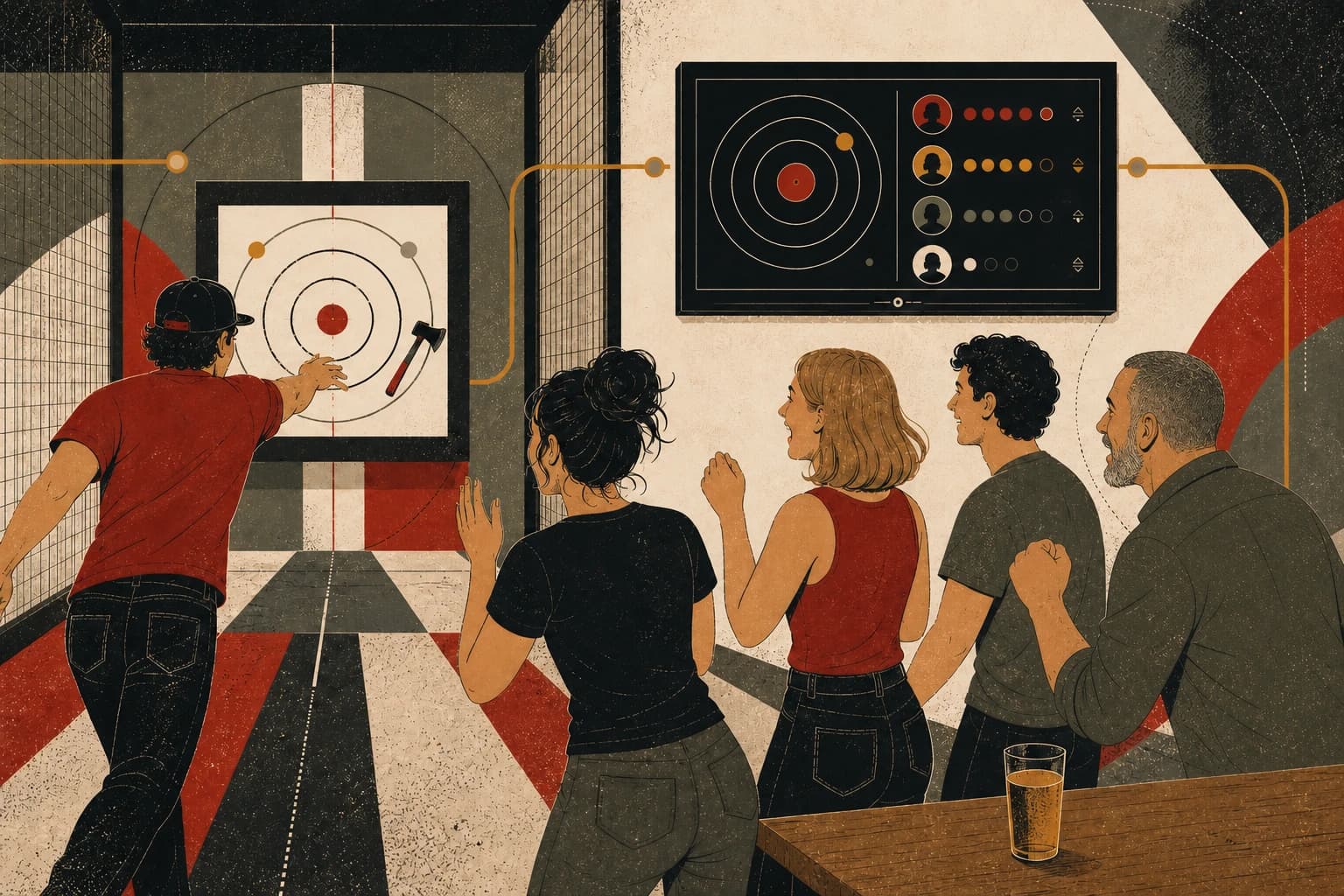 A thrower and friends reacting together as a wall-mounted lane screen answers the latest throw