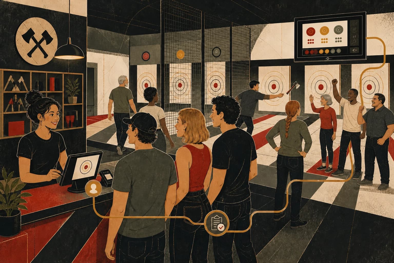 Axe-house staff welcoming a group while connected lanes, scoring, and celebration continue through the venue